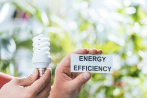 Cropped view of man holding LED light and card saying energy efficiency