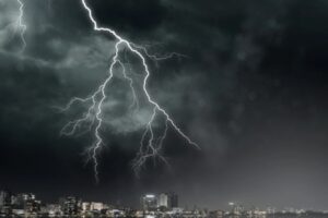 lightning above city skyline