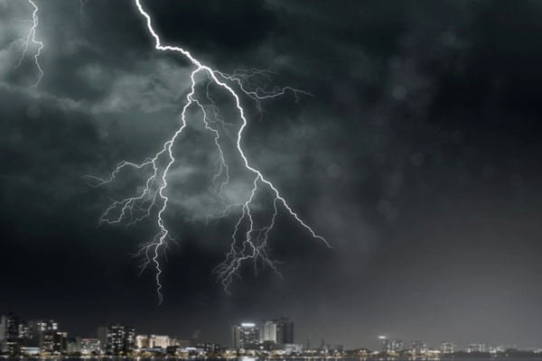 lightning above city skyline
