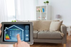 digital tablet home control with energy efficiency settings depicting high rating of AFUE
