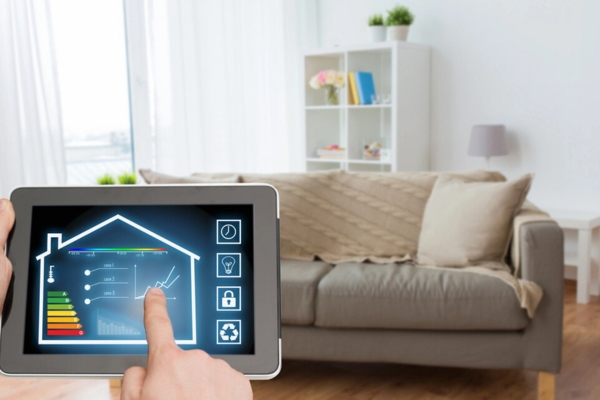 digital tablet home control with energy efficiency settings depicting high rating of AFUE