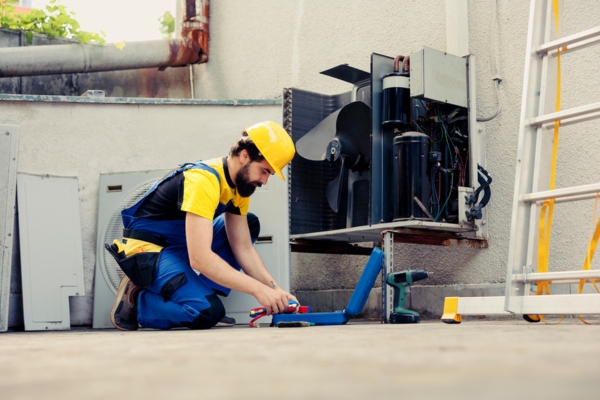 professional HVAC technician performing maintenance for a client