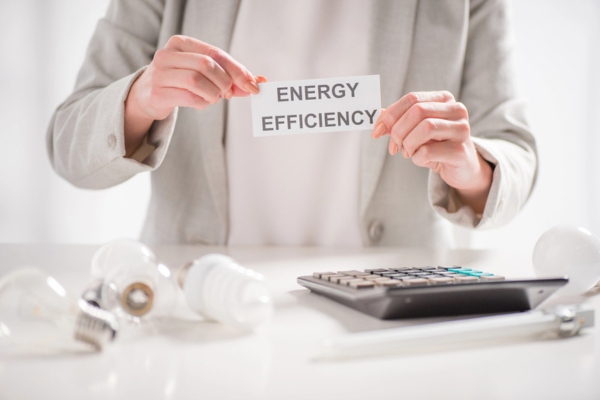 cropped view of a woman holding a card that says energy efficiency depicting best practices for energy efficiency