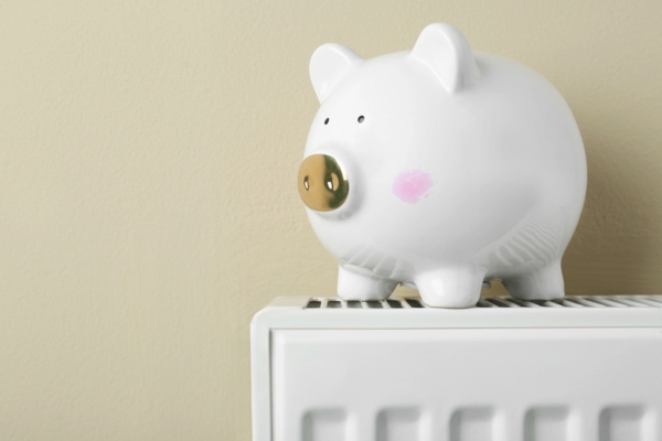 Piggy bank on top of a home heating radiator