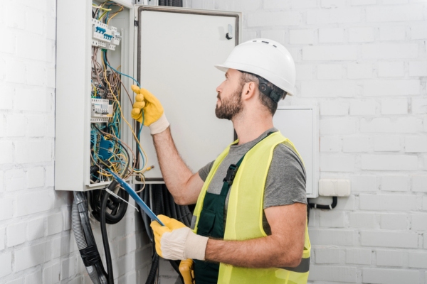 electrician examining home's electrical box